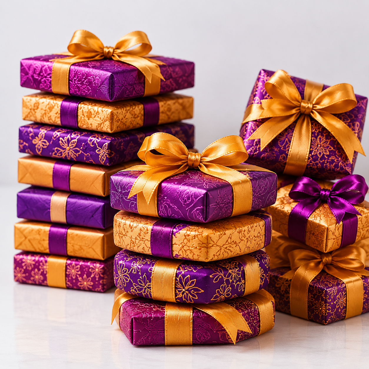 Purple gift boxes with gold ribbons
