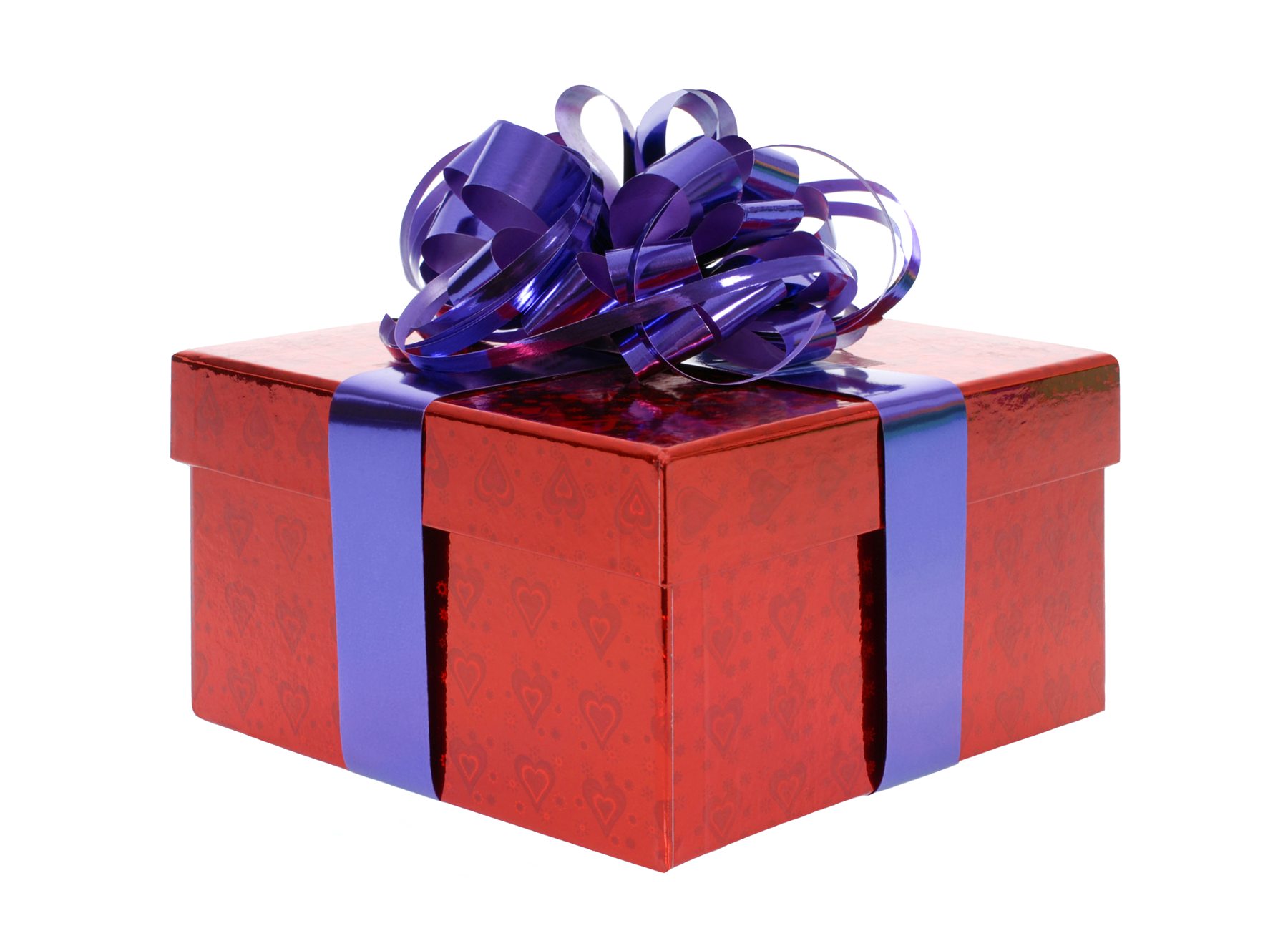 Red gift box with a purple-blue ribbon